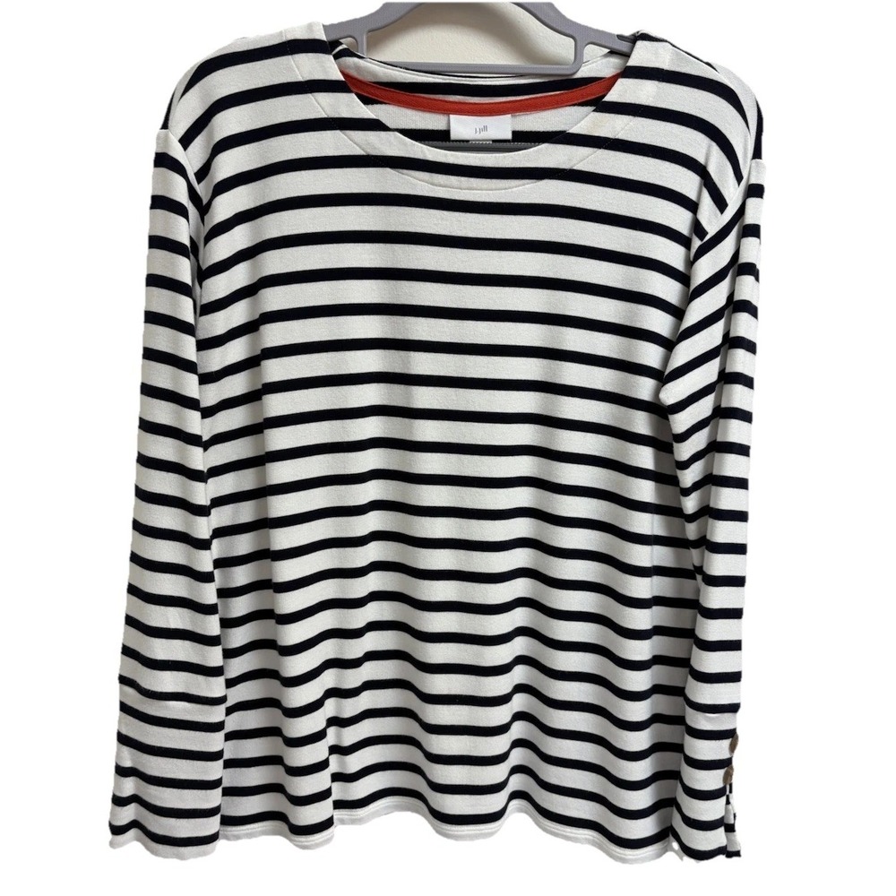 J Jill Womens XS Petite Striped Top Black White Side Button Coastal Minimalist
